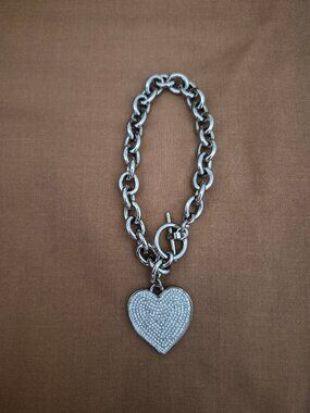 Michael Kors Silver Tone Womens White Clear Rhinestone Heart 8" Toggle Bracelet